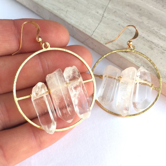 Clear Quartz Crystal — Gold hoop Earrings - Picture 5 of 6